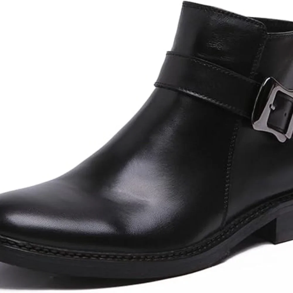 Santimon Men's US 7 - 10 Black Leather Chelsea Monk Strap Ankle Boots Zipper Buc